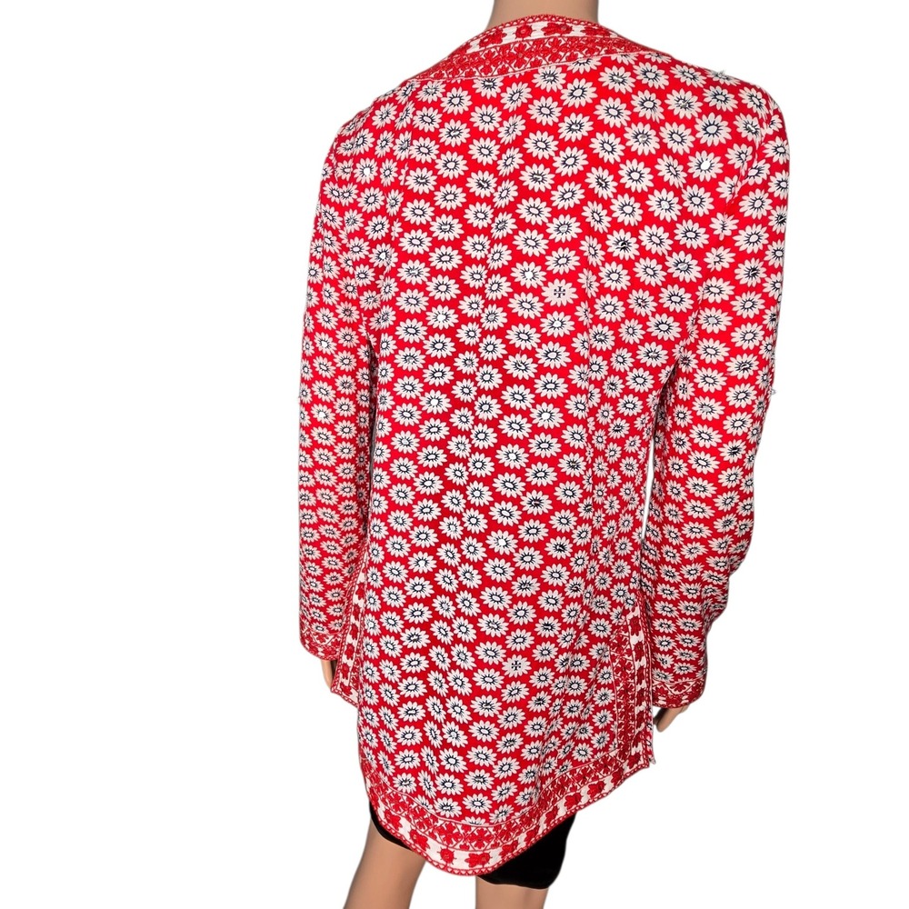 Tory Burch Red White Daisy Floral Embroidered Split Neck Tunic Top Size 10 - Picture 3 of 7
